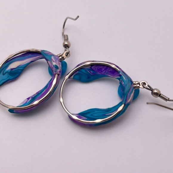 Handcrafted Floral Dangle Earrings Silver Tone & Polymer Clay Blue Flower - Picture 3 of 6